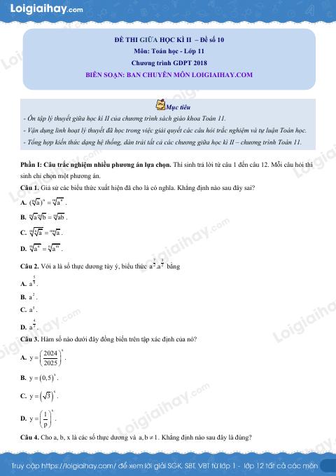 Đề thi giữa kì 2 Toán 11 - Đề số 10